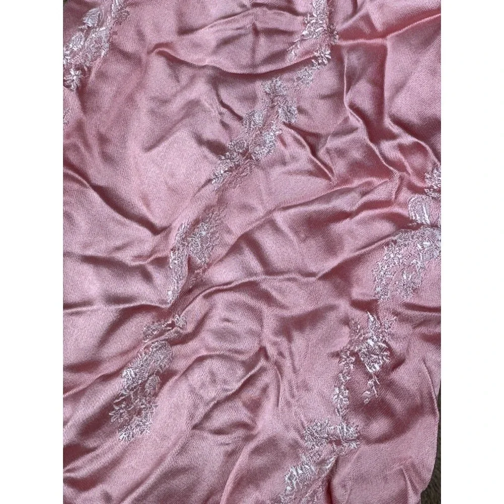 Vintage Bambergers Made in France Pink  Scarf White Floral Embroidery Fringe 44”